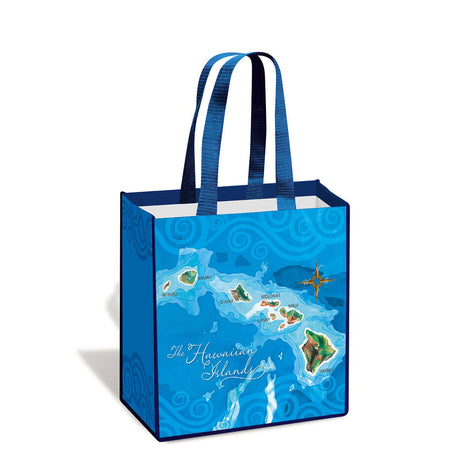 Island tote bag featuring a blue Hawaii map design, showcasing detailed illustrations of the islands and coastal elements, ideal for carrying essentials.