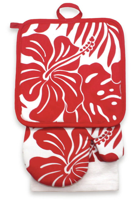 Kitchen set featuring a vibrant red hibiscus floral design, showcasing beautiful floral patterns, perfect for adding a tropical touch to your cooking space.