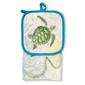 Kitchen set featuring a Honu Voyage design, showcasing colorful sea turtles and tropical motifs, perfect for adding a vibrant touch to your kitchen.