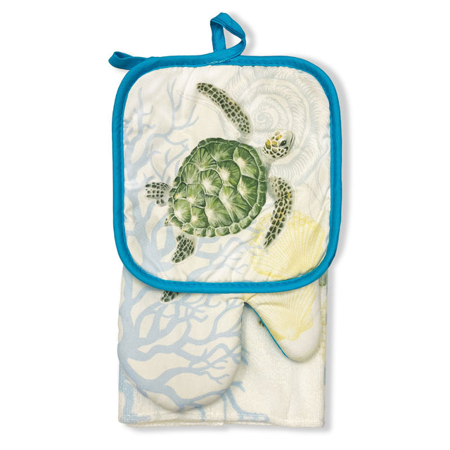 Kitchen set featuring a Honu Voyage design, showcasing colorful sea turtles and tropical motifs, perfect for adding a vibrant touch to your kitchen.