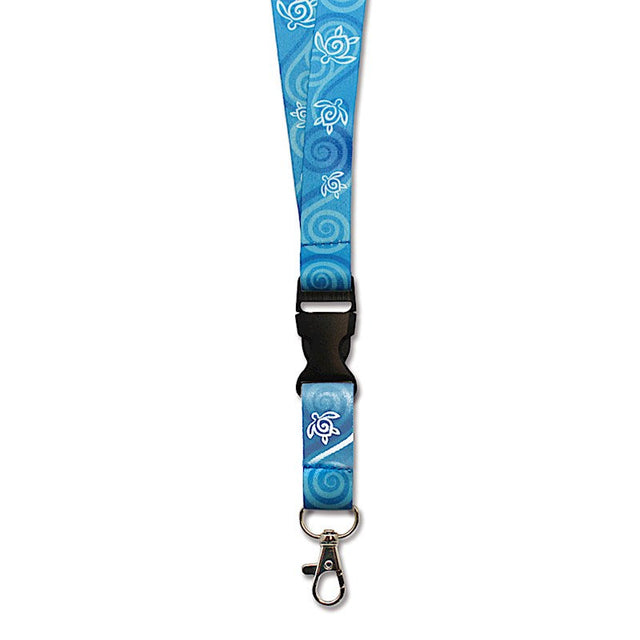 Lanyard featuring a Honu Swirl design, showcasing colorful swirls and honu (sea turtle) motifs, perfect for holding keys or ID badges.