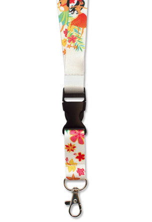 Lanyard featuring an Island Hula Honeys design, showcasing colorful illustrations of hula dancers and tropical elements, perfect for holding keys or IDs.