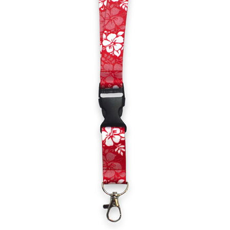 Lanyard featuring a Pareo Hibiscus design, showcasing vibrant hibiscus flowers and tropical patterns, ideal for holding keys or ID badges.