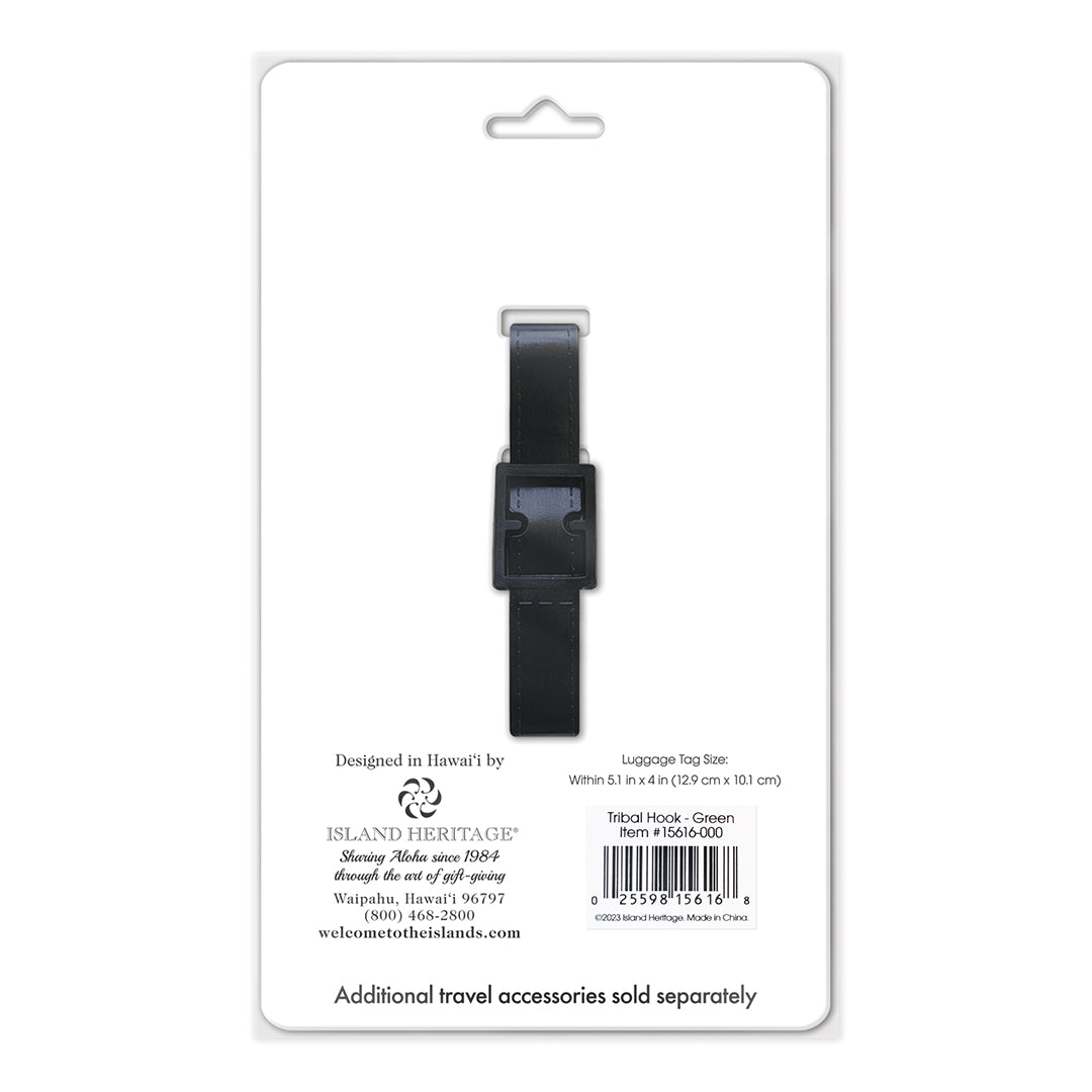 Back of white luggage tag package with black strap