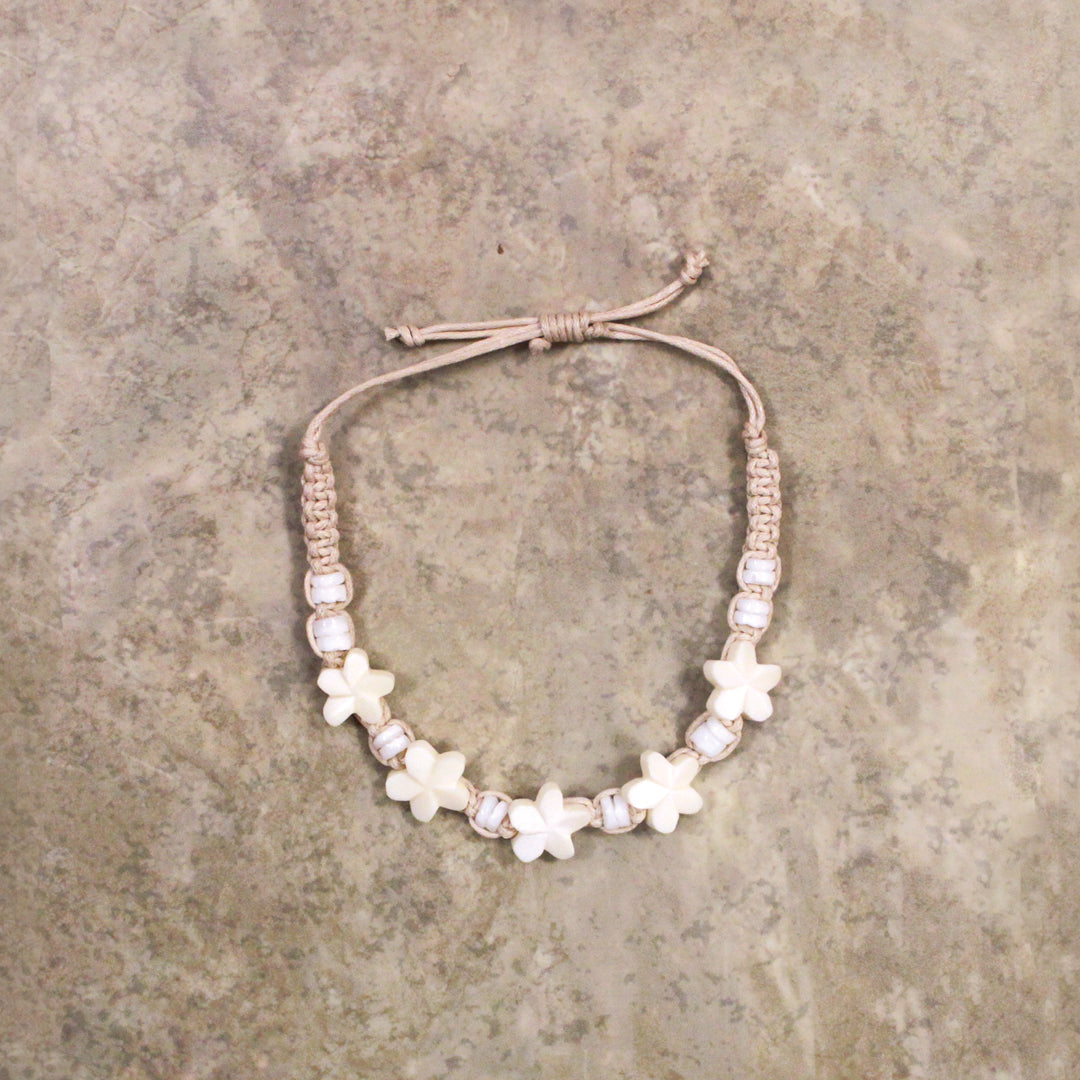 Macrame Bracelet, Bone & Shell Plumeria