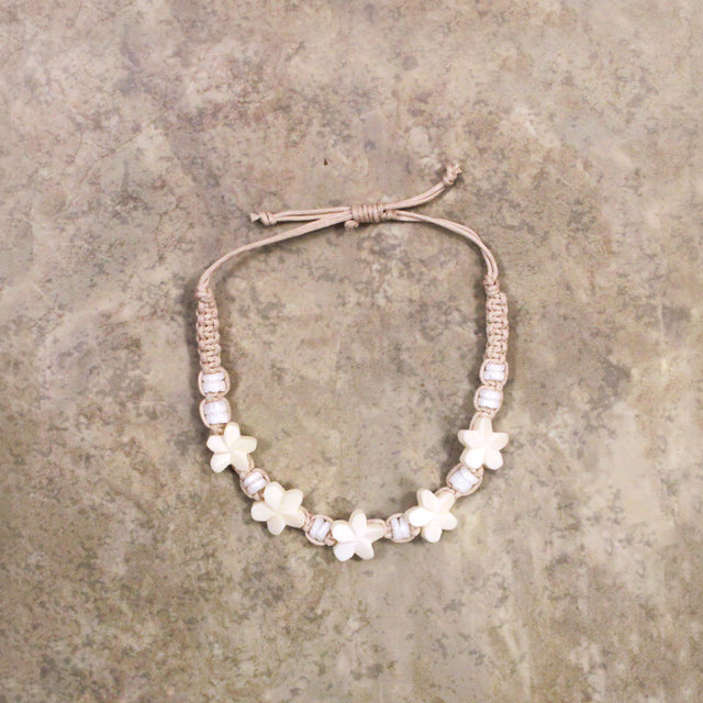 Macrame Bracelet, Bone & Shell Plumeria