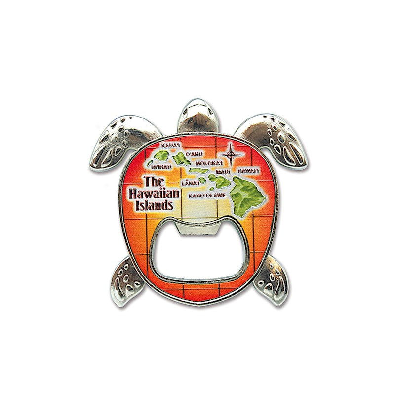 Magnetic bottle opener featuring an Island Honu design, showcasing vibrant sea turtle artwork, perfect for opening bottles with a tropical flair.