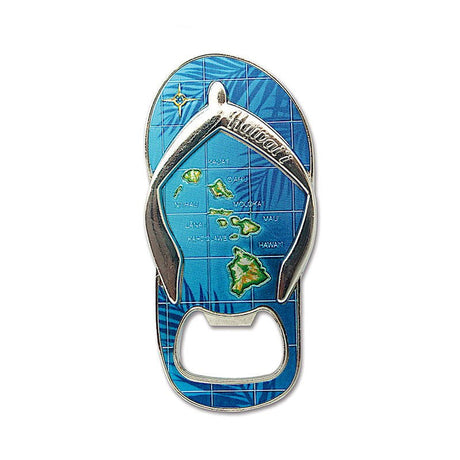 Magnetic bottle opener featuring an Island Slipper design, showcasing colorful tropical patterns, perfect for opening bottles with a beach-themed touch.