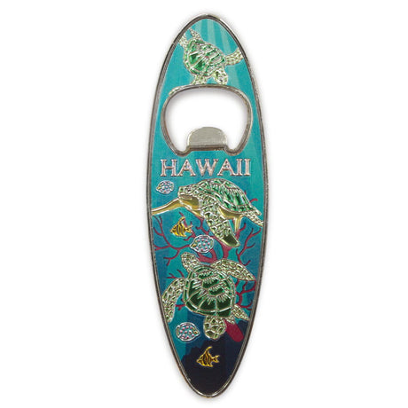 Magnetic bottle opener designed in the shape of a surfboard, featuring a vibrant green honu (sea turtle) design.