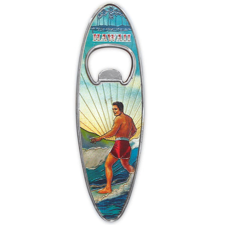 Magnetic bottle opener shaped like a surfboard, with a 'Surf Hawaii' design inspired by tropical beach culture.