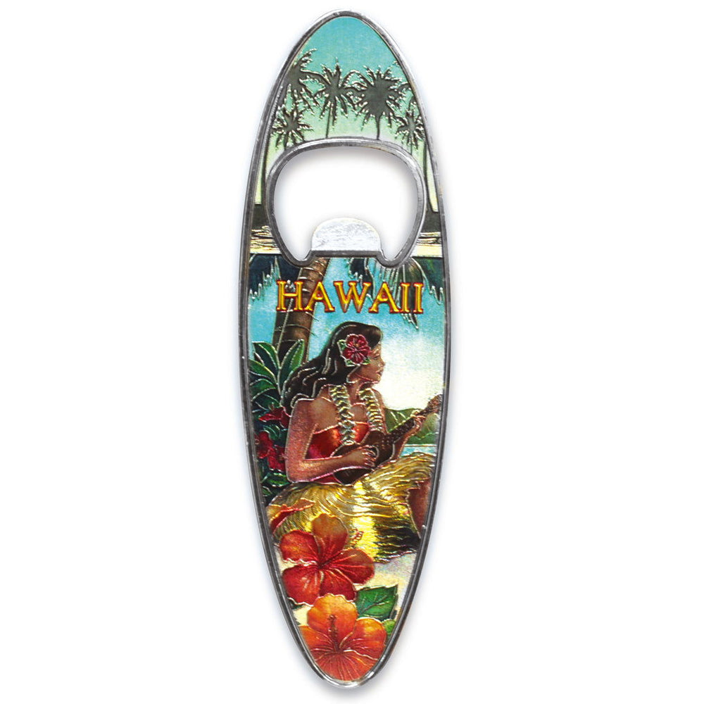 Magnetic bottle opener shaped like a surfboard, featuring a vintage Hawaii design with retro island motifs.