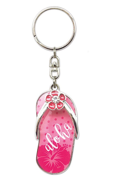 Metal Slipper Keychain, Aloha Hibiscus - Pink