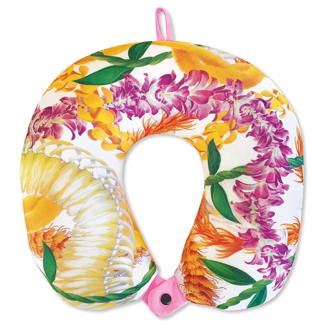 Microfiber neck pillow featuring a vibrant floral lei design, providing comfort and support for travel or relaxation.