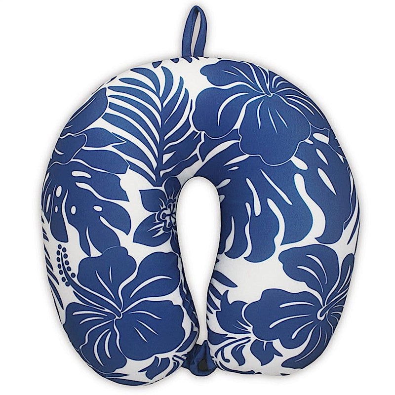 Microfiber travel neck pillow featuring a Hibiscus Floral Blue design, showcasing vibrant tropical flowers, perfect for comfortable travel support.
