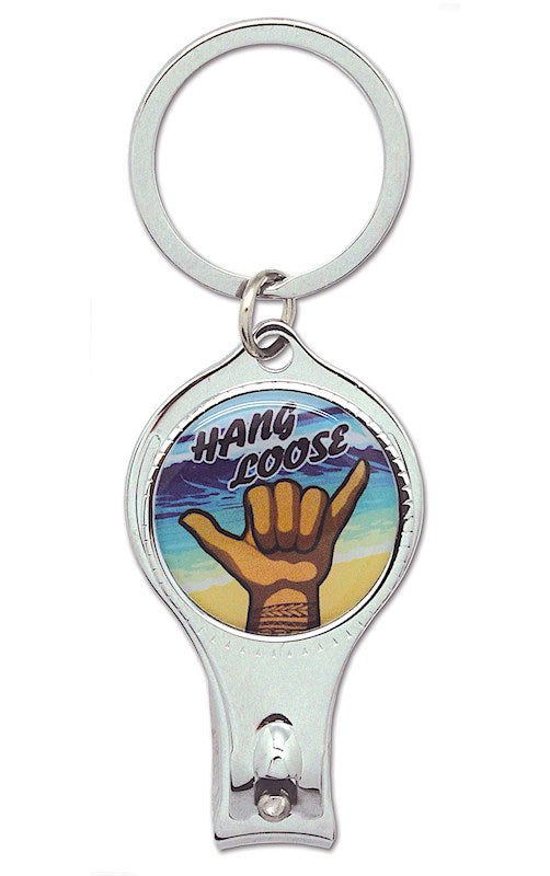 Nail clipper keychain featuring a Hang Loose Shaka design, showcasing vibrant graphics that embody the relaxed spirit of island life, perfect for convenient nail care.