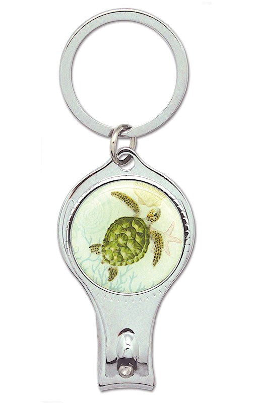 Nail clipper keychain featuring a Honu Voyage design, showcasing colorful sea turtles and tropical motifs, perfect for easy nail care while traveling.