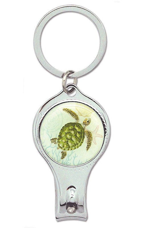 Nail clipper keychain featuring a Honu Voyage design, showcasing colorful sea turtles and tropical motifs, perfect for easy nail care while traveling.