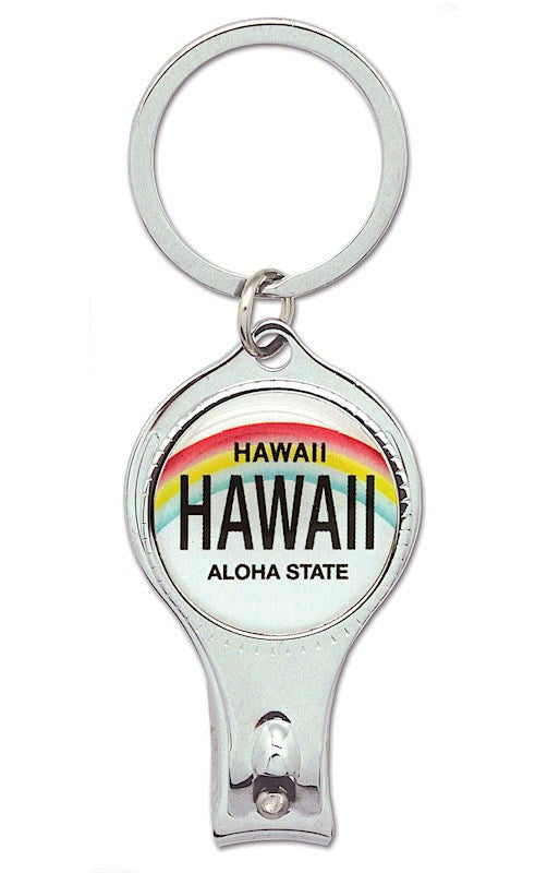 Nail clipper keychain featuring a License Plate Hawaii design, showcasing vibrant graphics inspired by Hawaiian license plates, perfect for convenient nail care.