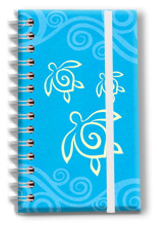 Notebook with an elastic band featuring a Honu Swirl design, showcasing colorful swirls and a honu (sea turtle) motif, ideal for keeping your notes organized in style.