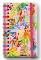 Notebook with an elastic band featuring the Island Hula Honeys, Too design, showcasing vibrant illustrations of hula dancers and tropical themes, ideal for organizing notes and ideas.