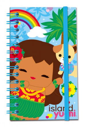 Notebook with an elastic band featuring the Island Yumi-Aloha design, showcasing colorful tropical graphics and vibrant patterns, perfect for organizing notes and creative ideas.