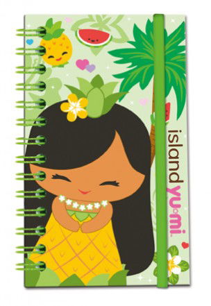 Notebook with an elastic band featuring the Island Yumi - Mai design, showcasing vibrant tropical motifs and playful illustrations, ideal for jotting down thoughts and notes.