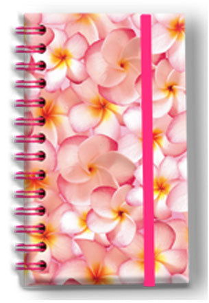 Notebook with an elastic band adorned with a pink plumeria design, featuring vibrant floral patterns that capture a tropical essence, perfect for jotting down thoughts and notes.