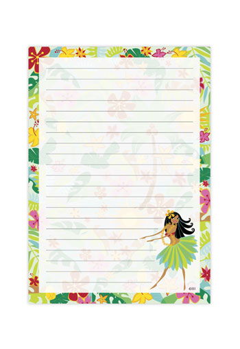 Notepad featuring a Hula Maiden design, showcasing vibrant illustrations of a hula dancer in a tropical setting, ideal for jotting down notes and ideas.