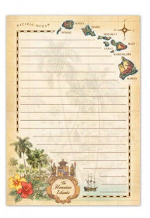 Notepad with a tan cover featuring a design of the Hawaiian Islands, showcasing detailed illustrations and tropical elements, perfect for taking notes.