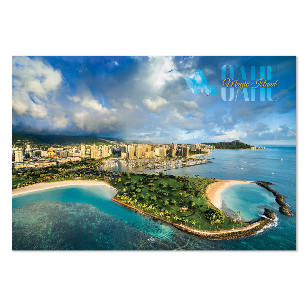 O‘ahu Ala Moana Beach and Magic Island postcard, showcasing the stunning views of the beach and iconic landmarks—perfect for sending aloha.