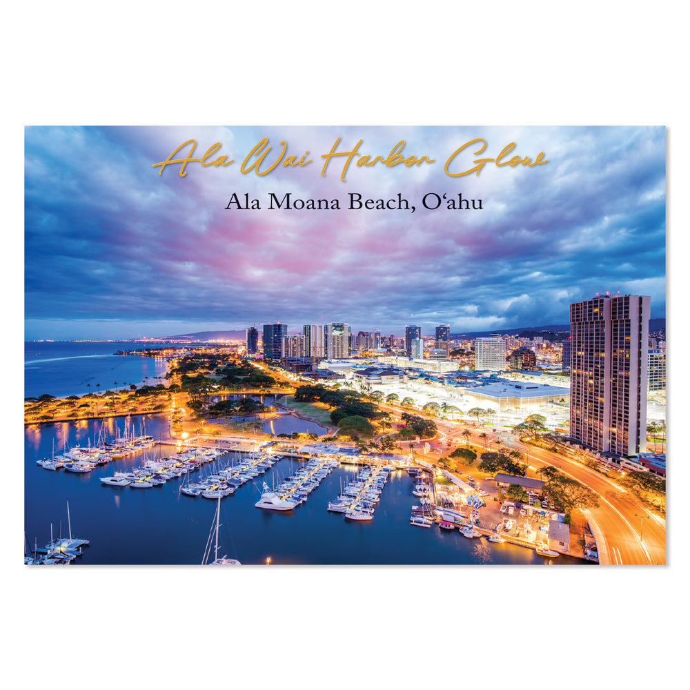 O‘ahu Ala Wai Harbor Glow Postcard capturing the vibrant beauty of O‘ahu landmarks, ideal for sending or keeping as a memento.