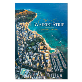 O‘ahu postcard featuring the stunning Waikiki Strip from high altitude, showcasing iconic landmarks of the island for a beautiful view.