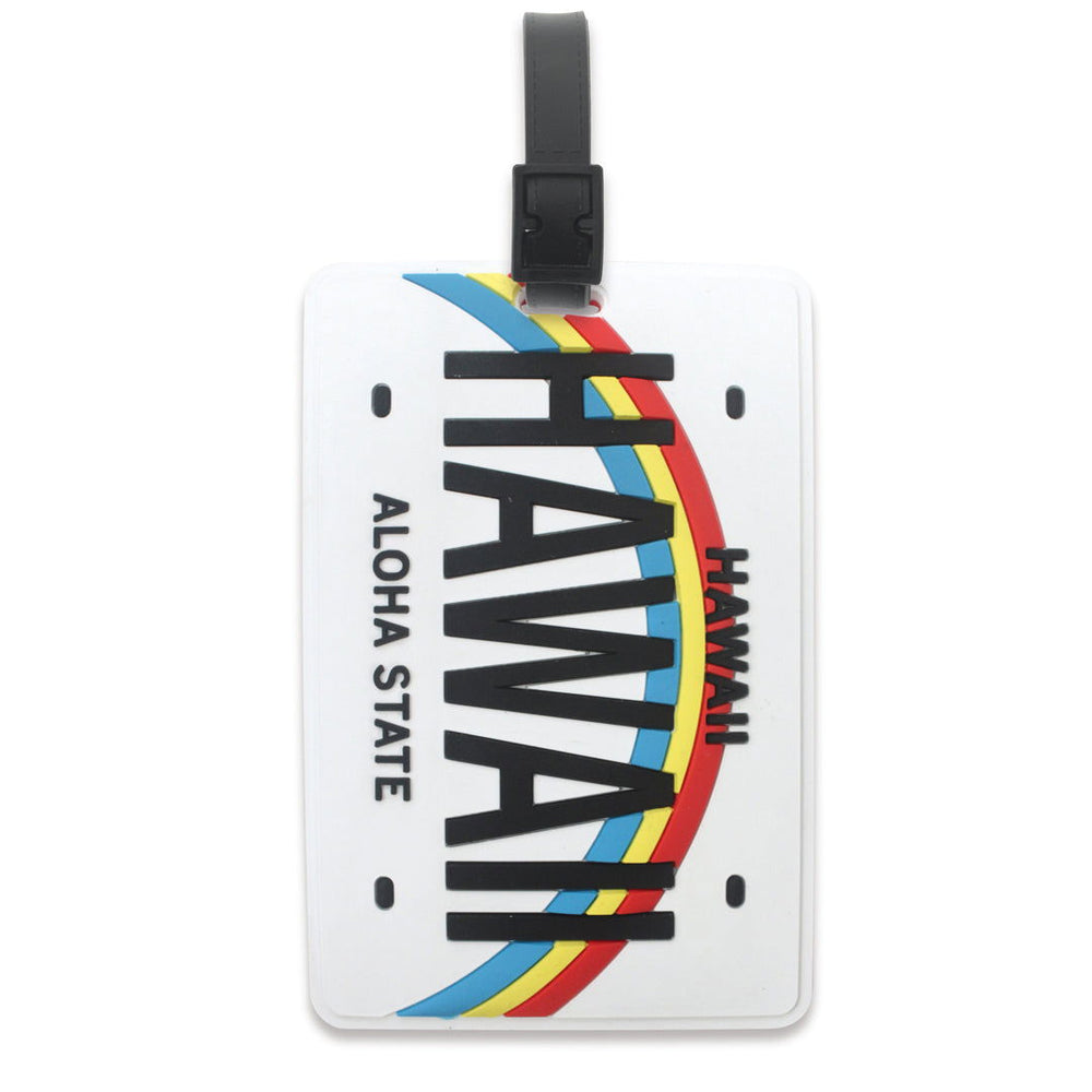 PVC ID/luggage tag designed like a Hawaii license plate, featuring vibrant colors and iconic Hawaiian motifs, perfect for personalizing your travel gear.