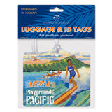 Packaged luggage tag with vintage Hawaii surf theme