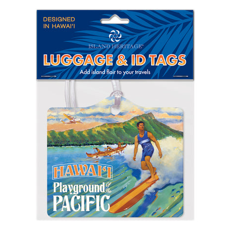 Packaged luggage tag with vintage Hawaii surf theme
