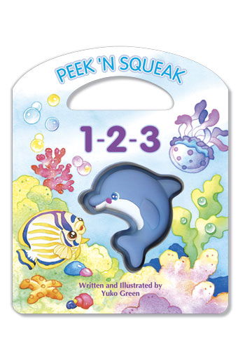 Peek ‘N Squeak children's book featuring a die-cut center with a squeaking dolphin or fish toy and a built-in rounded handle for easy carrying.