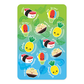 Local Grindz island-themed playing cards from Our Island Heritage, bridge-sized at 3.43” H x 2.24” W, featuring vibrant food-inspired designs in a durable clear plastic case.