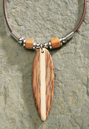 Rubber cord necklace featuring a wooden surfboard pendant made from coconut wood, showcasing a unique and tropical-inspired design.