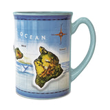 A blue ceramic mug with an embossed design featuring a map of Hawaii and the text 'The Hawaiian Islands'.