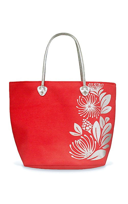 Silver tote featuring a Lehua design, showcasing vibrant tropical floral patterns, perfect for stylish and eco-friendly carrying.