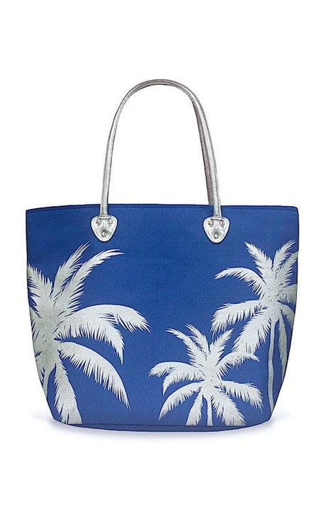 Silver tote featuring a Palms design, showcasing elegant tropical palm tree graphics, perfect for a stylish and functional accessory.