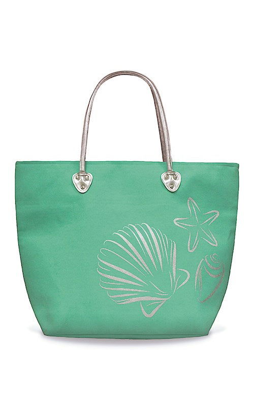 Silver tote featuring a Sea Shells design, showcasing colorful seashell graphics, perfect for a beach-inspired and stylish carrying option.