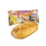Macadamia nut shortbread with a colorful floral packaging on a white background
