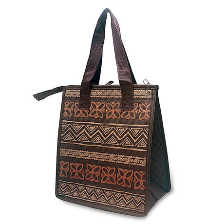 Insulated tote featuring a quilted Tapa Brown design, showcasing traditional Hawaiian patterns, perfect for keeping food and drinks cool on the go.