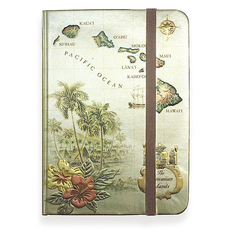 Foil notebook with an elastic band featuring a design of the Islands of Hawaii, showcasing vibrant colors and tropical illustrations, perfect for jotting down notes.