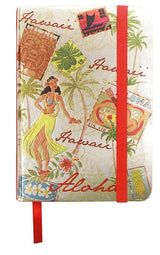 Foil notebook with an elastic band featuring a 'Stamped with Aloha' design, showcasing vibrant colors and tropical motifs, perfect for jotting down thoughts.