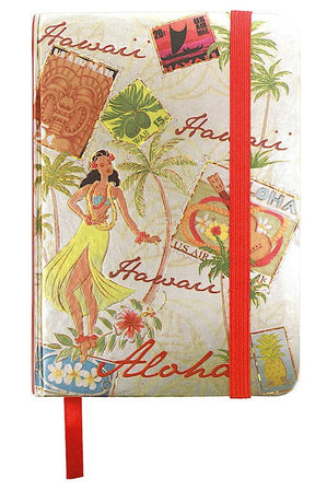 Foil notebook with an elastic band featuring a 'Stamped with Aloha' design, showcasing vibrant colors and tropical motifs, perfect for jotting down thoughts.