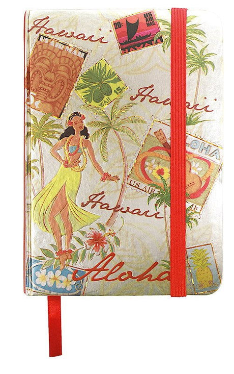 Foil notebook with an elastic band featuring a 'Stamped with Aloha' design, showcasing vibrant colors and tropical motifs, perfect for jotting down thoughts.
