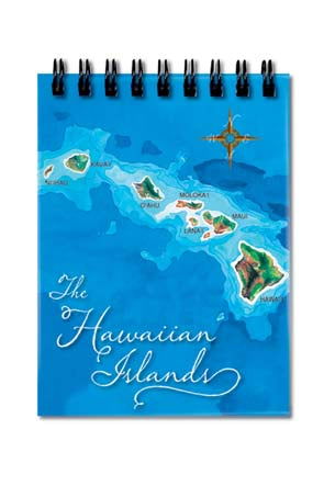 Small notebook with a blue Hawai‘i map design on the cover, featuring detailed illustrations of the islands and coastal elements, ideal for travel notes and memories.