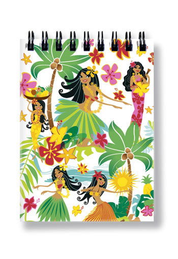 Small notebook featuring the Island Hula Honeys design on the cover, showcasing colorful illustrations of hula dancers and tropical motifs, perfect for notes and sketches.